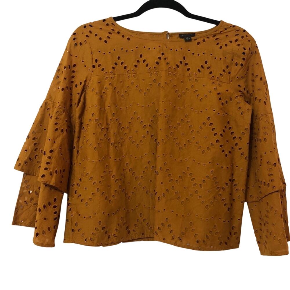 Ann Taylor Yellowish Brown Eyelet Layered Bell Sleeve Top Women XS Boho Romantic